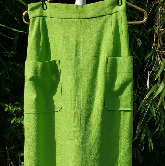 Vintage Bright Light Green Maxi Skirt With Large Patch Pockets Linen Poly S - Picture 1 of 10